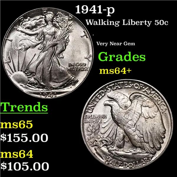 1941-p Walking Liberty Half Dollar 50c Grades Choice+ Unc