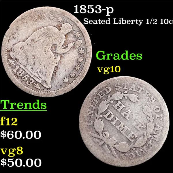 1853-p Seated Liberty Half Dime 1/2 10c Grades vg+