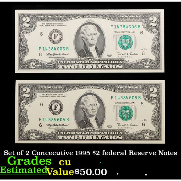 Set of 2 Concecutive 1995 $2 federal Reserve Notes Grades CU