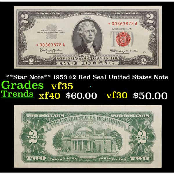 **Star Note** 1953 $2 Red Seal United States Note Grades vf++