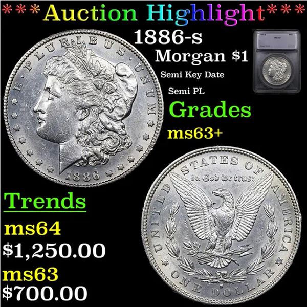 ***Auction Highlight*** 1886-s Morgan Dollar $1 Graded ms63+ BY SEGS (fc)