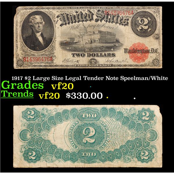 1917 $2 Large Size Legal Tender Note Thomas Jefferson Grades vf, very fine Signatures Speelman/White