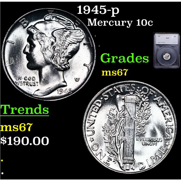 1945-p Mercury Dime 10c Graded ms67 BY SEGS