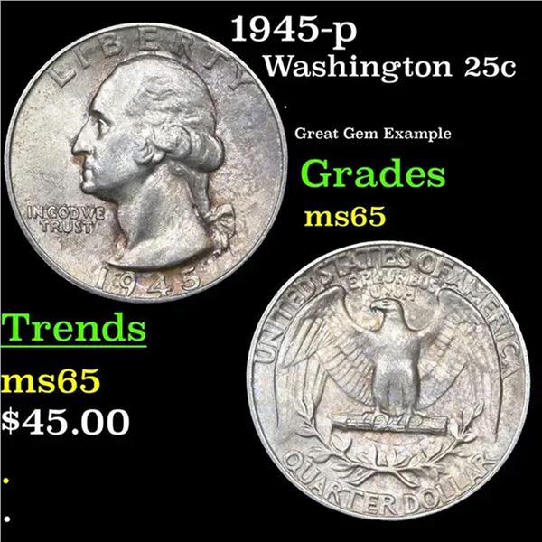 1945-p Washington Quarter 25c Grades GEM Unc