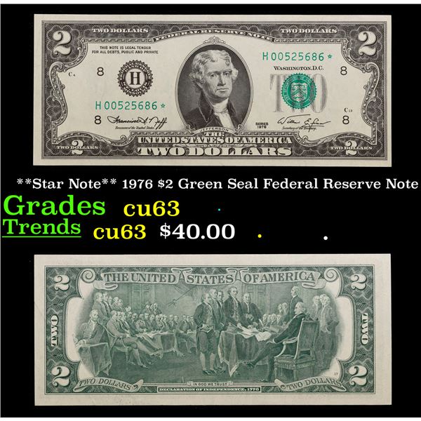 **Star Note** 1976 $2 Green Seal Federal Reserve Note Grades Select CU