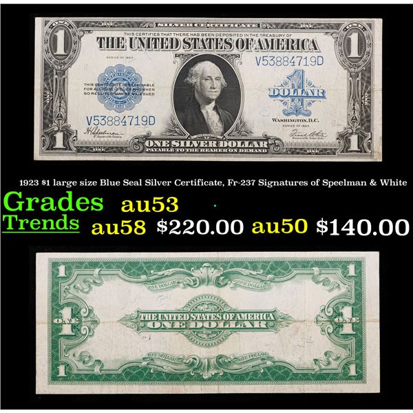 1923 $1 large size Blue Seal Silver Certificate, Fr-237 Signatures of Speelman & White Grades Select