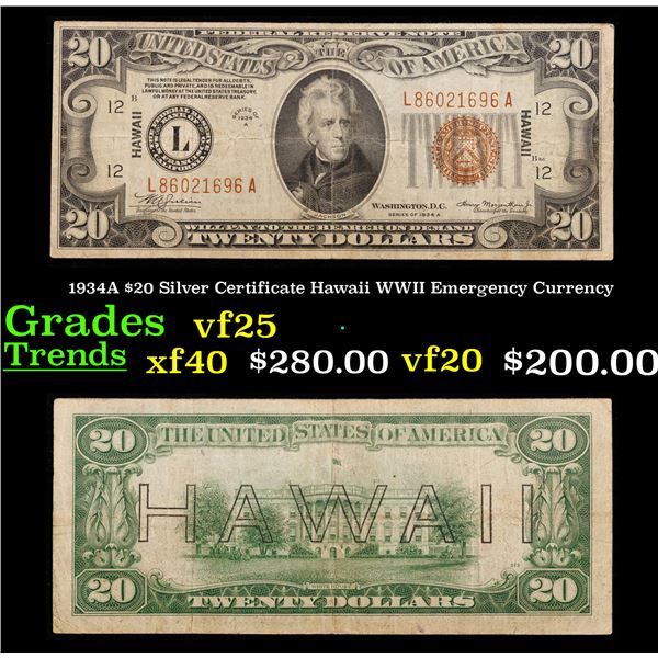 1934A $20 Silver Certificate Hawaii WWII Emergency Currency Grades vf+