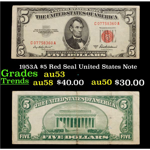 1953A $5 Red Seal United States Note Grades Select AU