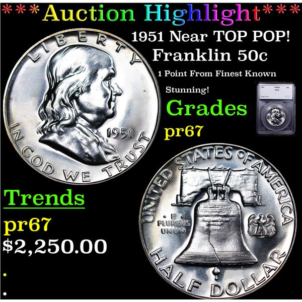 Proof ***Auction Highlight*** 1951 Franklin Half Dollar Near TOP POP! 50c Graded pr67 BY SEGS (fc)