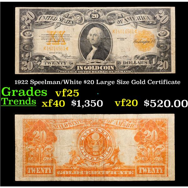 1922 $20 Large Size Gold Certificate Grades vf+ Signatures Speelman/White