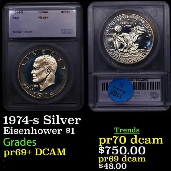 Proof 1974-s Silver Eisenhower Dollar $1 Graded pr69+ DCAM BY SEGS