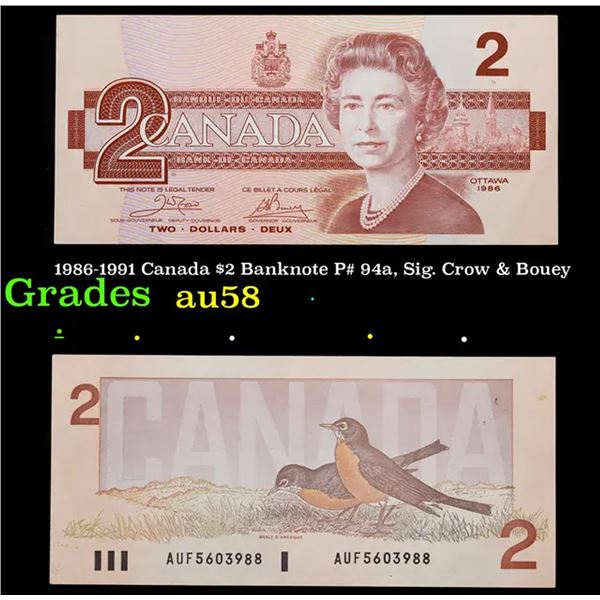 1986-1991 Canada $2 Banknote P# 94a, Sig. Crow & Bouey Grades Choice AU/BU Slider