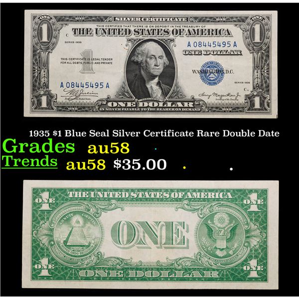 1935 Rare Double Date  $1 Blue Seal Silver Certificate Grades Choice AU/BU Slider