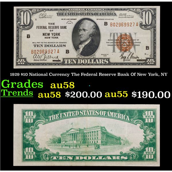 1929 $10 National Currency The Federal Reserve Bank Of New York, NY Grades Choice AU/BU Slider