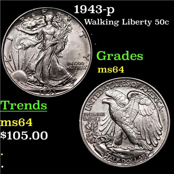 1943-p Walking Liberty Half Dollar 50c Grades Choice Unc