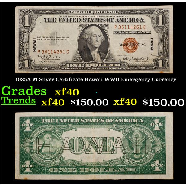 1935A $1 Silver Certificate Hawaii WWII Emergency Currency Grades xf