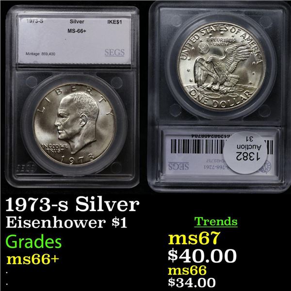 1973-s Silver Eisenhower Dollar $1 Graded ms66+ By SEGS