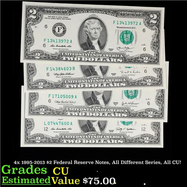 4x 1995-2013 $2 Federal Reserve Notes, All Different Series, All CU! Grades Brilliant Uncirculated