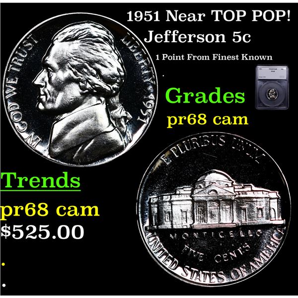 Proof 1951 Jefferson Nickel Near TOP POP! 5c Graded pr68 cam BY SEGS