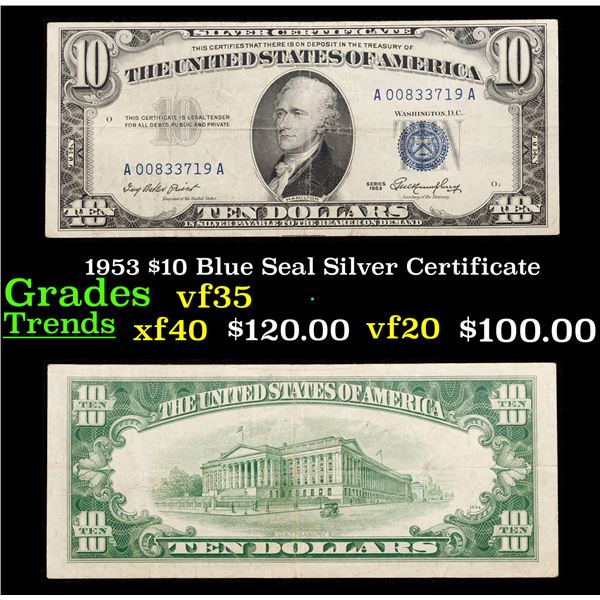 1953B $10 Blue Seal Silver Certificate Grades vf++