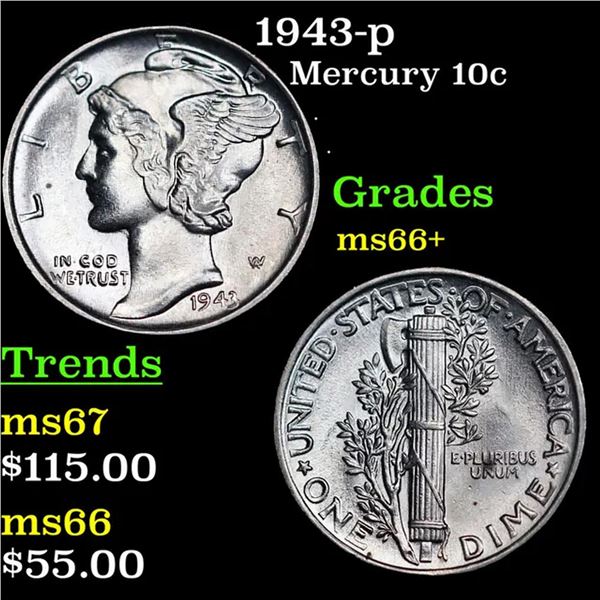 1943-p Mercury Dime 10c Grades GEM++ Unc