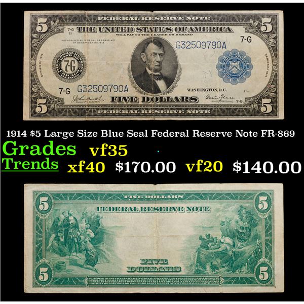 1914 $5 Large Size Blue Seal Federal Reserve Note Chicago, IL Grades vf++ FR-869