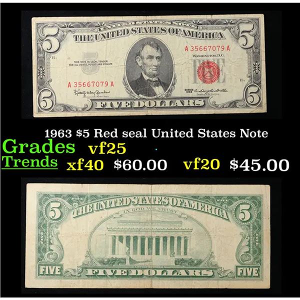 1963 $5 Red seal United States Note Grades vf+