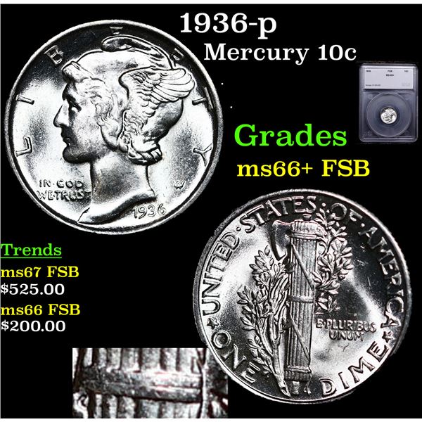 1936-p Mercury Dime 10c Graded ms66+ FSB BY SEGS