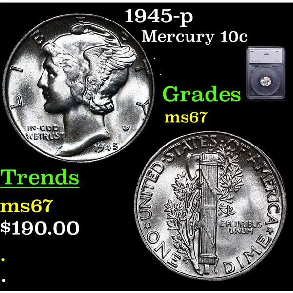 1945-p Mercury Dime 10c Graded ms67 BY SEGS