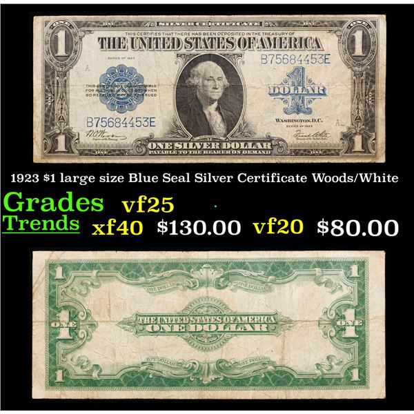 1923 $1 large size Blue Seal Silver Certificate Grades vf+ Signatures Woods/White