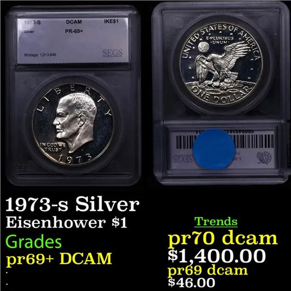 Proof 1973-s Silver Eisenhower Dollar $1 Graded pr69+ DCAM BY SEGS