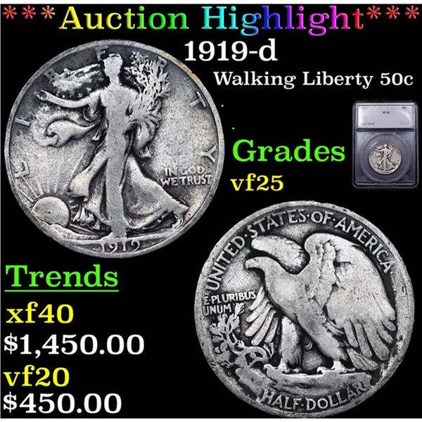 ***Auction Highlight*** 1919-d Walking Liberty Half Dollar 50c Graded vf25 By SEGS (fc)