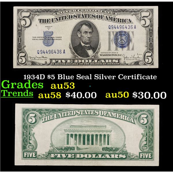 1934D $5 Blue Seal Silver Certificate Grades Select AU