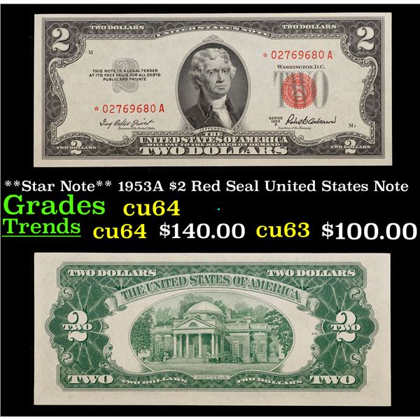 **Star Note** 1953A $2 Red Seal United States Note Grades Choice CU