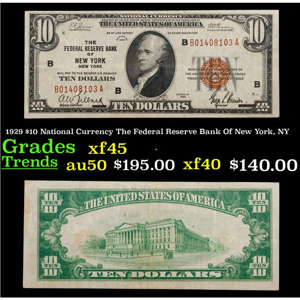 1929 $10 National Currency The Federal Reserve Bank Of New York, NY Grades xf+