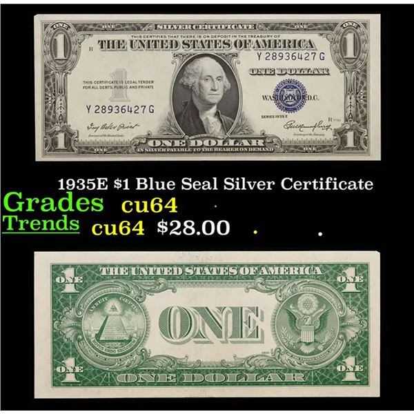 1935E $1 Blue Seal Silver Certificate Grades Choice CU