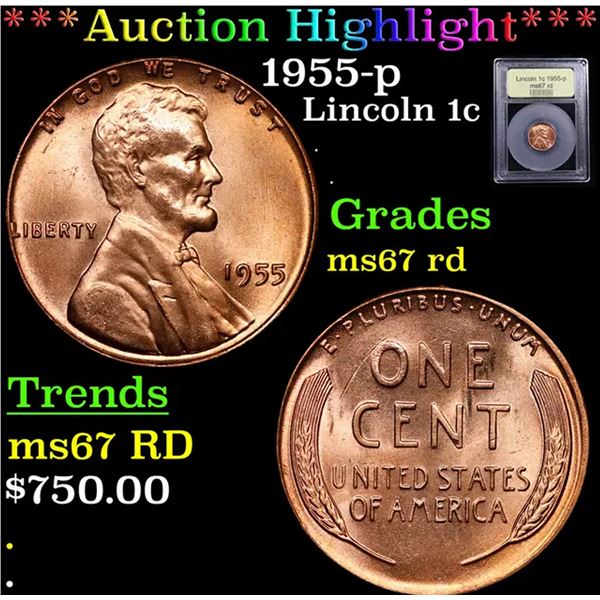 ***Auction Highlight*** 1955-p Lincoln Cent 1c Graded GEM++ Unc RD By USCG (fc)