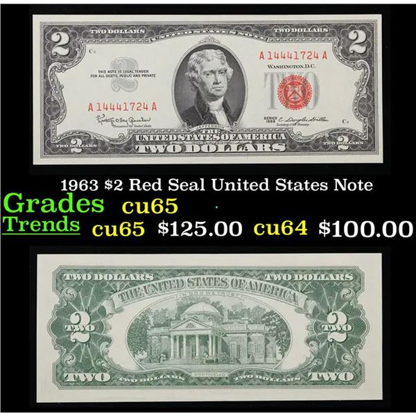 1963 $2 Red Seal United States Note Grades Gem CU