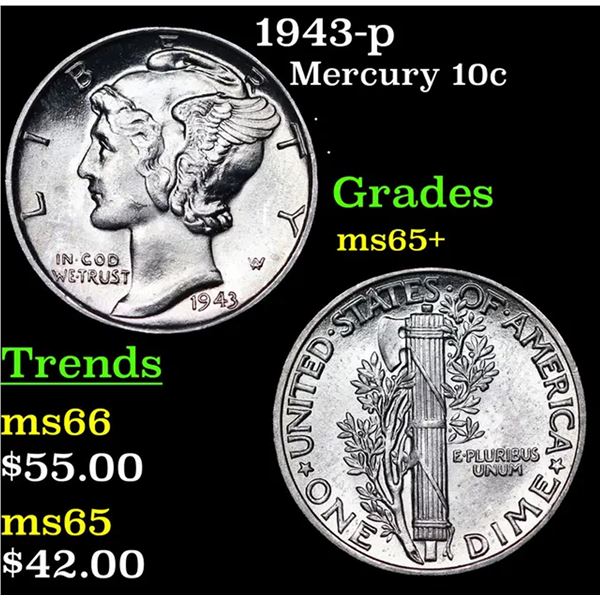 1943-p Mercury Dime 10c Grades GEM+ Unc