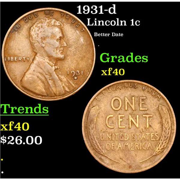 1931-d Lincoln Cent 1c Grades xf