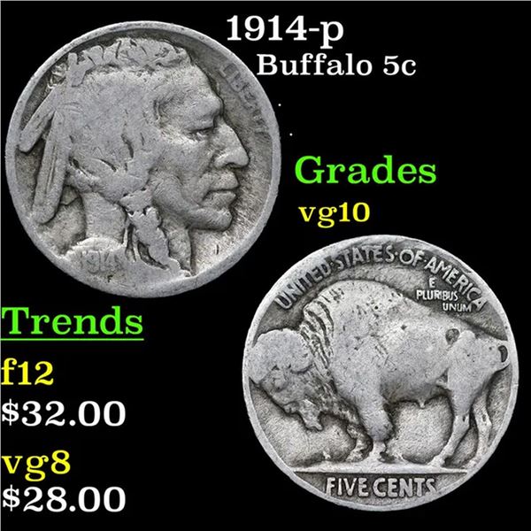 1914-p Buffalo Nickel 5c Grades vg+