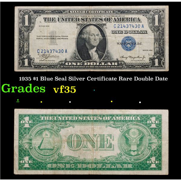 1935 Rare Double Date  $1 Blue Seal Silver Certificate Grades vf++