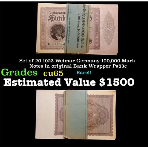 ***Auction Highlight*** Set of 20 1923 Weimar Germany 100,000 Mark Notes In Original Bank Wrapper Gr