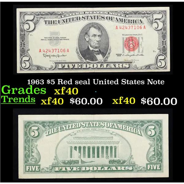 1963 $5 Red seal United States Note Grades xf