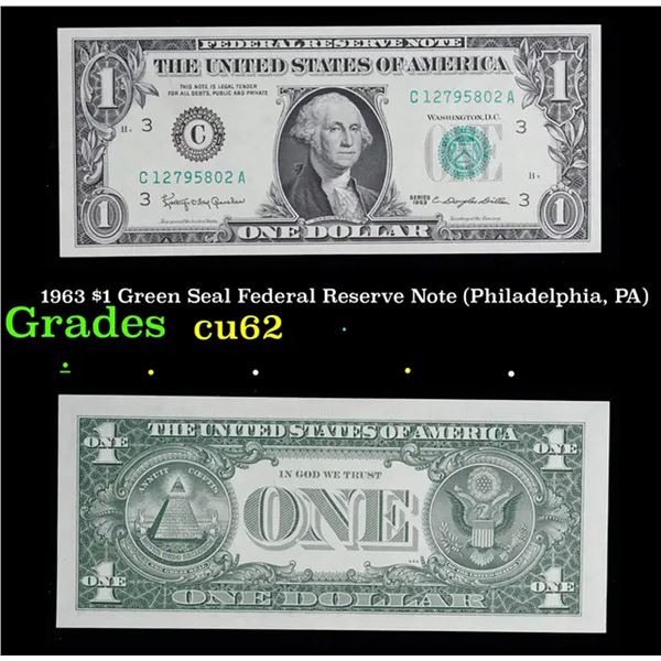 1963 $1 Green Seal Federal Reserve Note (Philadelphia, PA) Grades Select CU