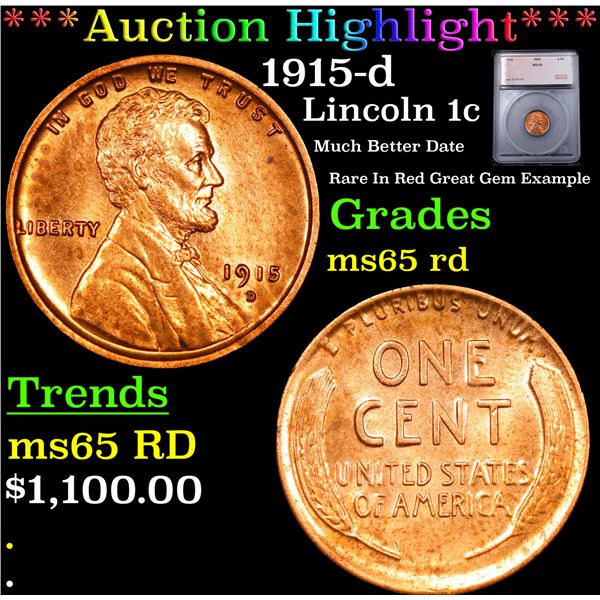 ***Auction Highlight*** 1915-d Lincoln Cent 1c Graded ms65 rd BY SEGS (fc)