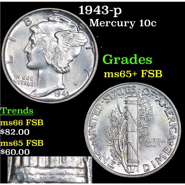 1943-p Mercury Dime 10c Grades GEM+ FSB