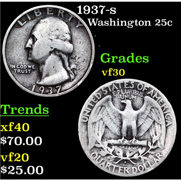 1937-s Washington Quarter 25c Grades vf+