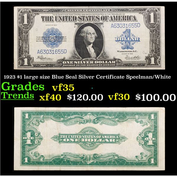 1923 $1 large size Blue Seal Silver Certificate Grades vf++ Signatures Speelman/White