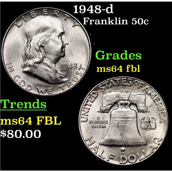 1948-d Franklin Half Dollar 50c Grades Choice Unc FBL